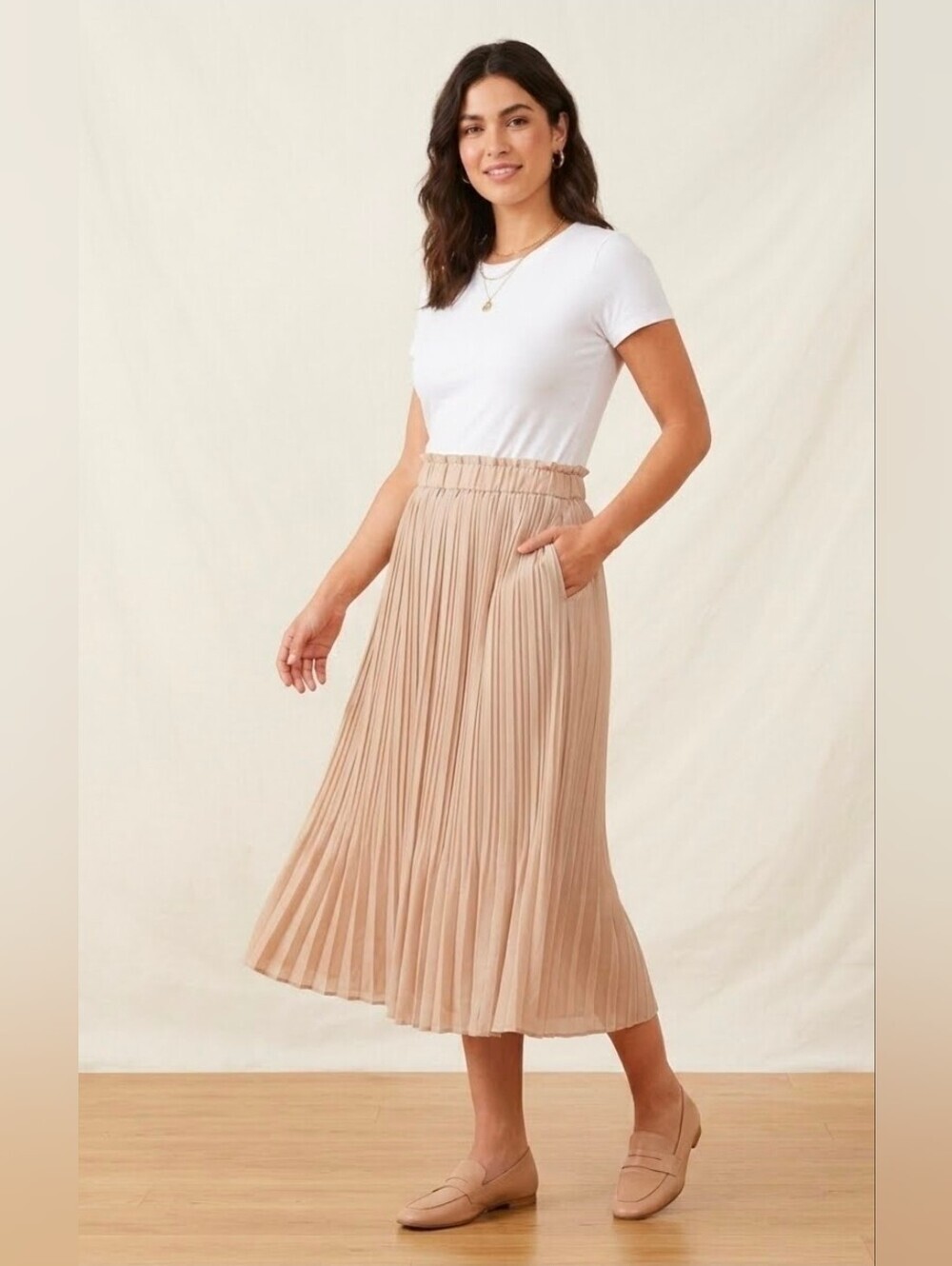 Tan Crinkle Thin Midi Skirt Medium